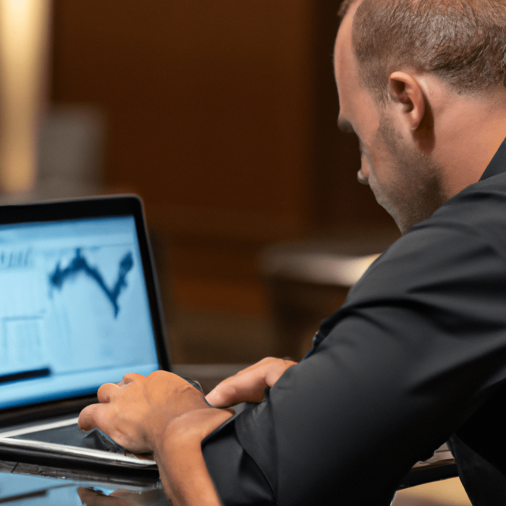 A businessman studying interest rate trends on a laptop. Sigma 85 mm f/1.4. No text.. Sigma 85 mm f/1.4. No text.