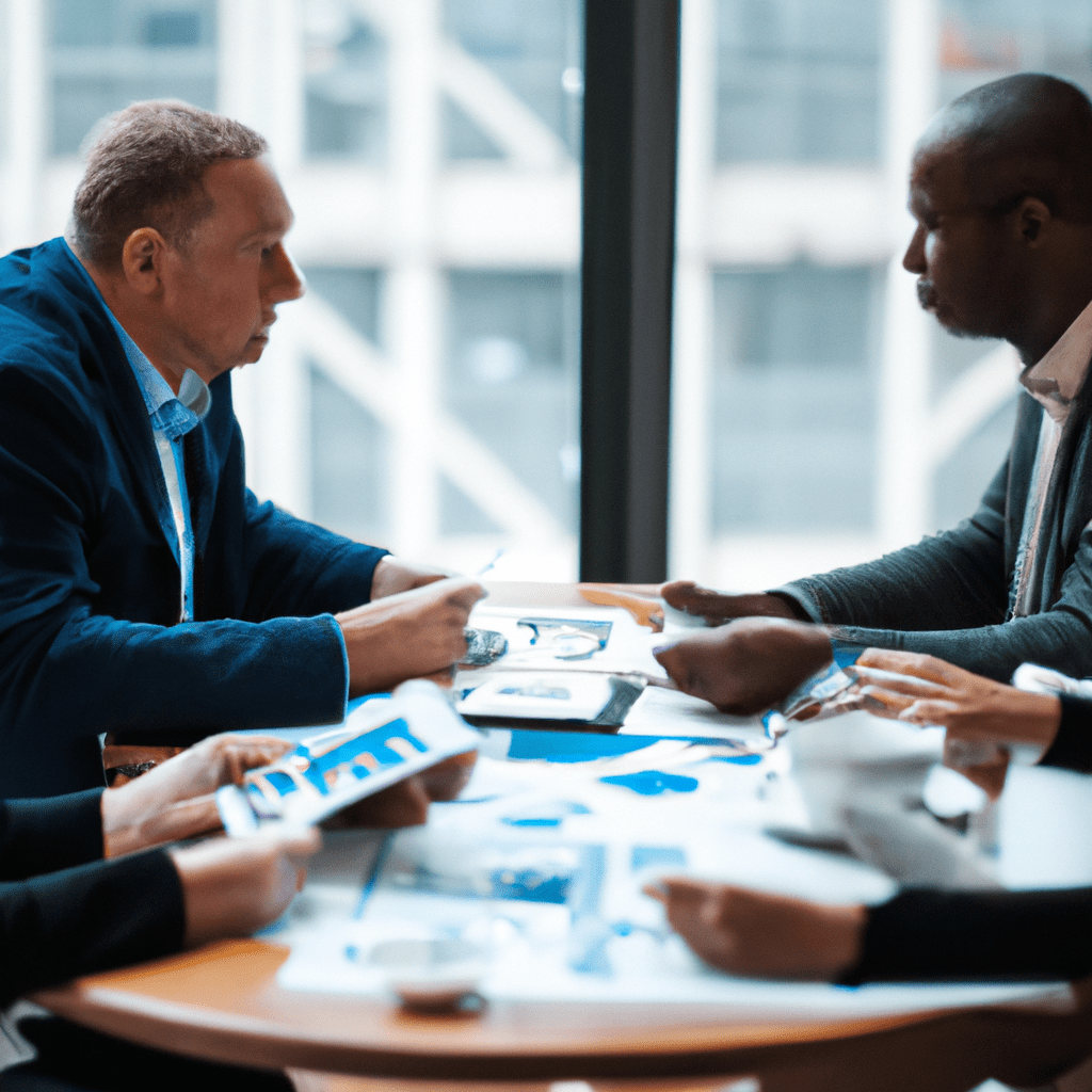 A picture of a diverse group of investors discussing their investment goals and risk tolerance with a financial advisor.. Sigma 85 mm f/1.4. No text.